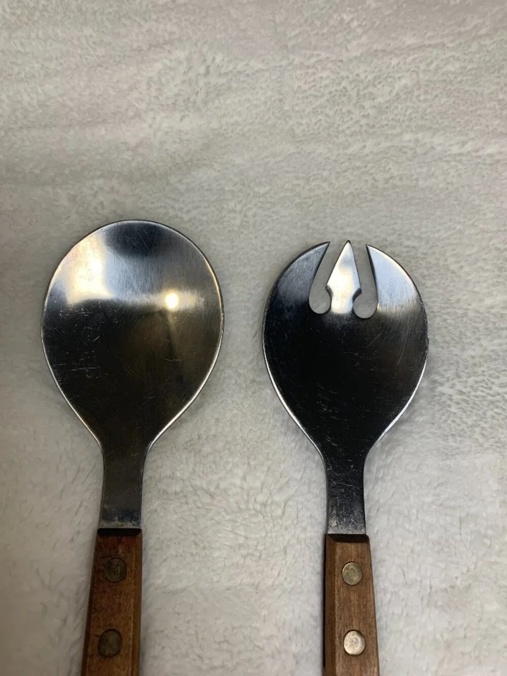 Vintage MCM ~13” Stainless Wood Handle SALAD SERVING SET Spoon & Fork JAPAN